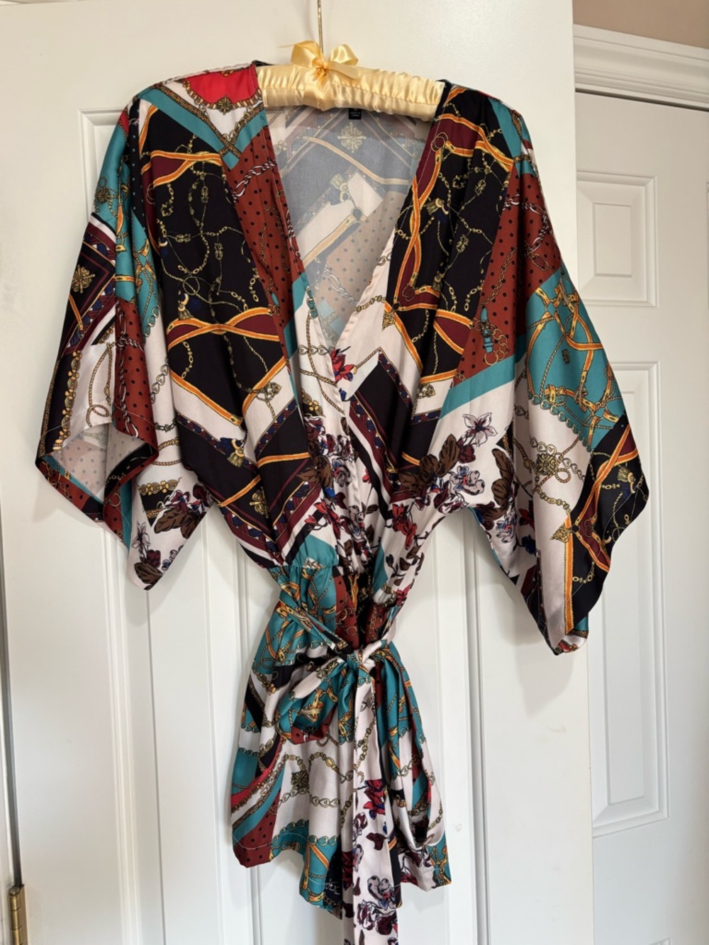 Lulus Satin Kimono Romper with Chain & Floral Motif
